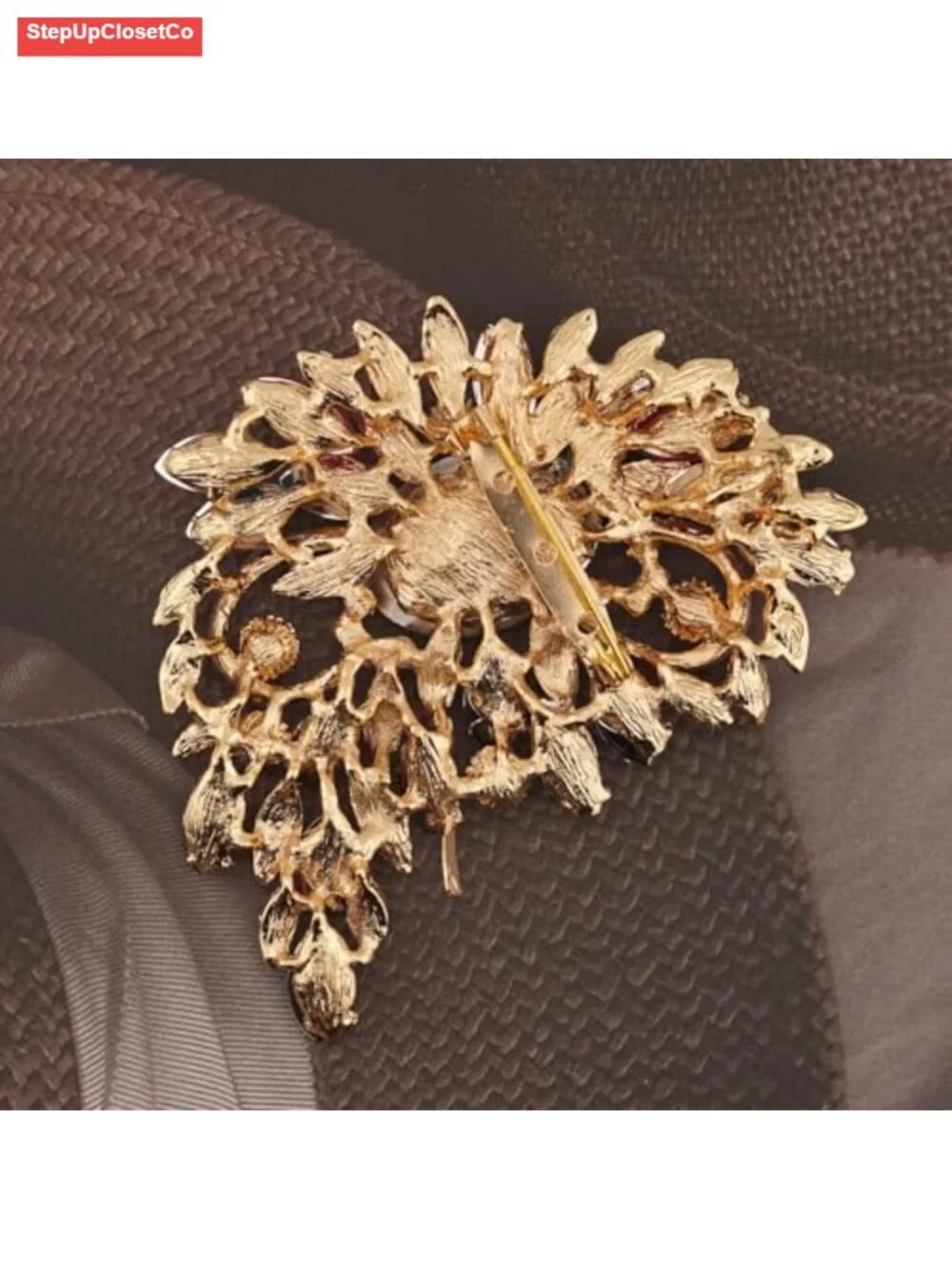 Large Leaf Crescent Moon Rhinestone Brooch Pin for Scarf Sweater Gold Tone